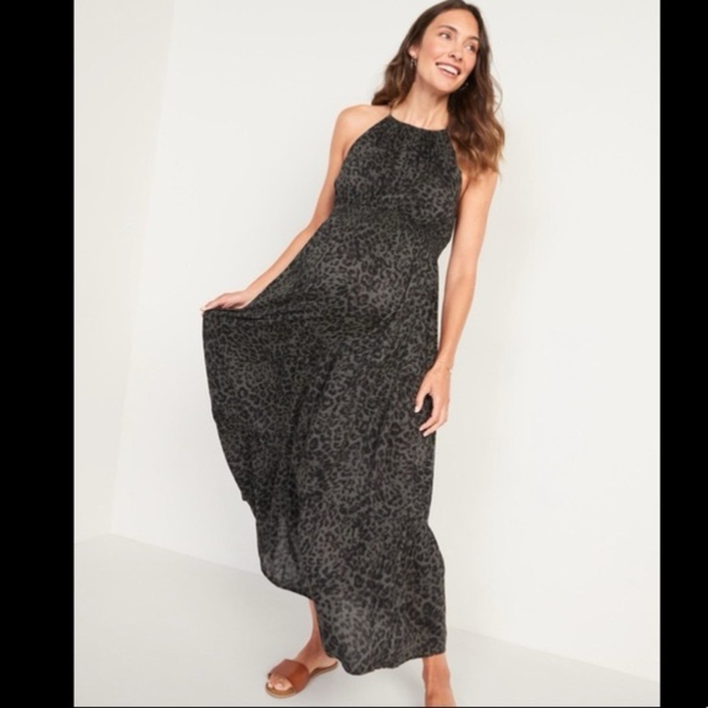 NWT Old Navy Sleeveless Tiered Leopard-Print Maxi  Dress Charcoal Gray M